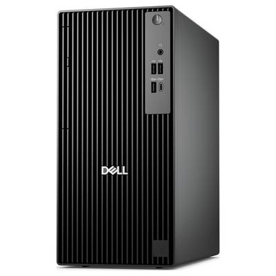 Ein schwarzer Dell-Desktop-Computerturm mit vertikalen Linien auf der Frontplatte, ausgestattet mit einem Einschaltknopf, USB-Anschlüssen und einem Kopfhörerbuchse.