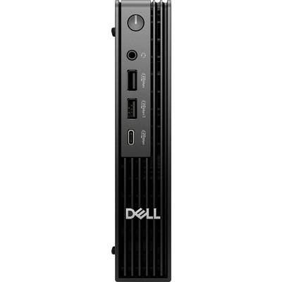 Eine vertikale Ansicht eines Dell Mini-Desktop-Computers mit Frontanschlüssen: Einschaltknopf, Audioeingang, zwei USB-A-Anschlüssen und einem USB-C-Anschluss.