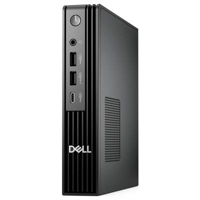 Ein schwarzer Dell Mini-Desktop-Computer mit USB-Anschlüssen, Einschaltknopf und belüfteter Seitenwand.