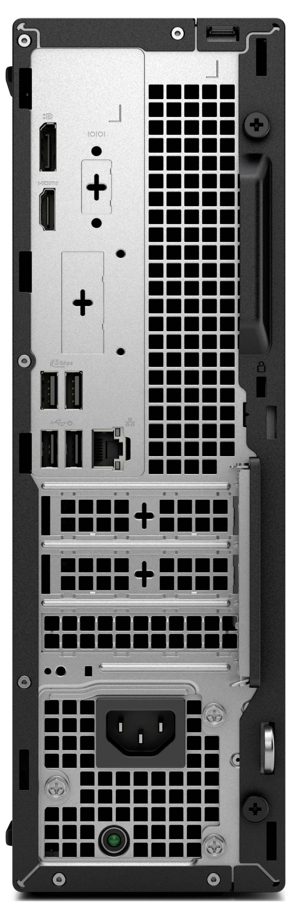 Rückansicht eines Desktop-Computers mit verschiedenen Anschlüssen und Steckplätzen, einschließlich HDMI, USB und Stromeingang.