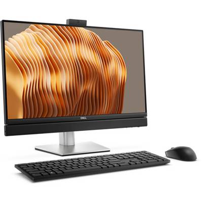Ein Desktop-Computer mit einem Monitor, der ein abstraktes orange-braunes Muster zeigt, begleitet von einer schwarzen Tastatur und einer schwarzen Maus.
