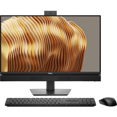Ein Desktop-Computer mit einem Monitor, der ein digitales Kunstbild mit geschichteten, wellenförmigen orangefarbenen Formen zeigt. Enthält eine Tastatur und eine Maus.