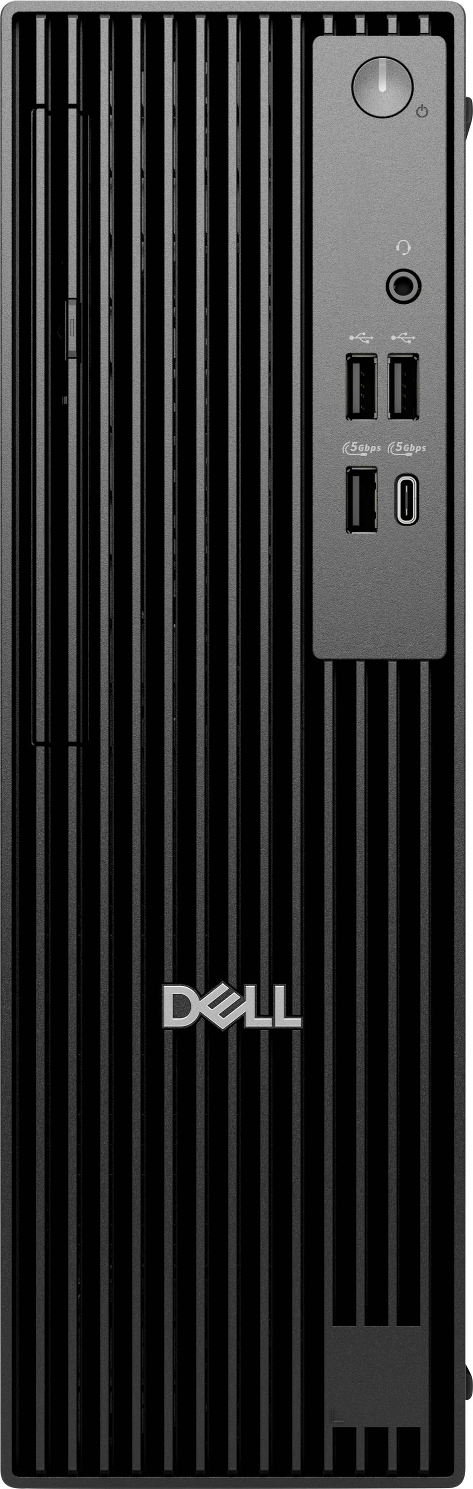 Ein schwarzer Desktop-Computer-Turm mit vertikalen Linien, ausgestattet mit einem Powerknopf, Audioanschlüssen, USB-Ports und einem sichtbaren 'Dell' Logo auf der Vorderseite.