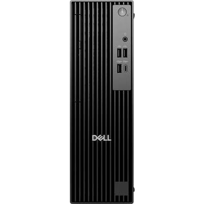Ein schwarzer Desktop-Computer-Turm mit vertikalen Linien, ausgestattet mit einem Powerknopf, Audioanschlüssen, USB-Ports und einem sichtbaren 'Dell' Logo auf der Vorderseite.