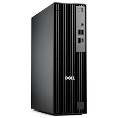 Schwarzer Dell-Desktop-Computer mit einem vertikalen Streifendesign auf der Frontplatte, ausgestattet mit USB-Anschlüssen und einem Einschaltknopf.