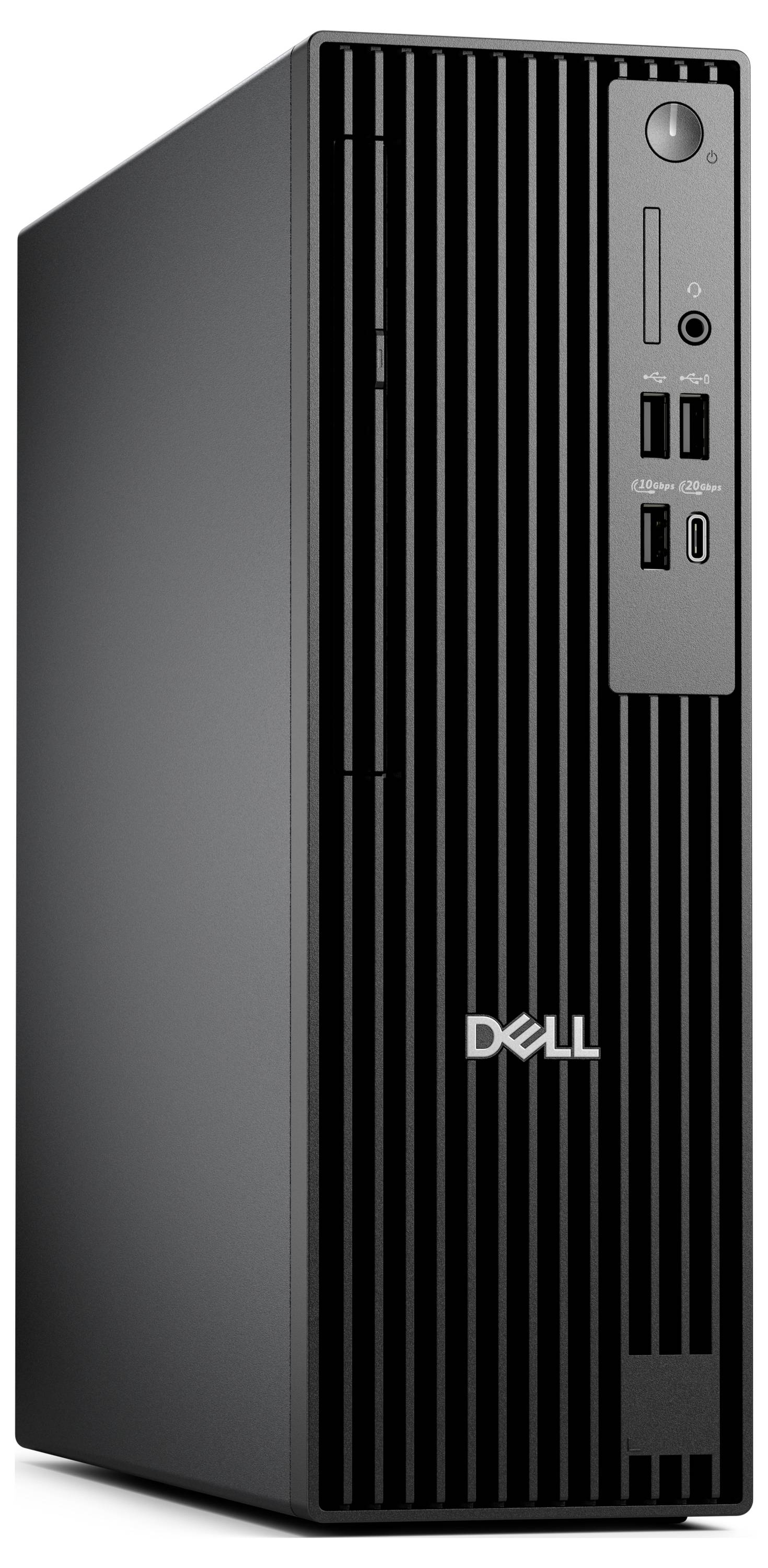 Ein schwarzer Desktop-Computerturm mit einer vertikalen gestreiften Frontplatte, auf der das 'Dell' Logo zu sehen ist; mehrere USB-Anschlüsse und ein Audioeingang sind sichtbar.