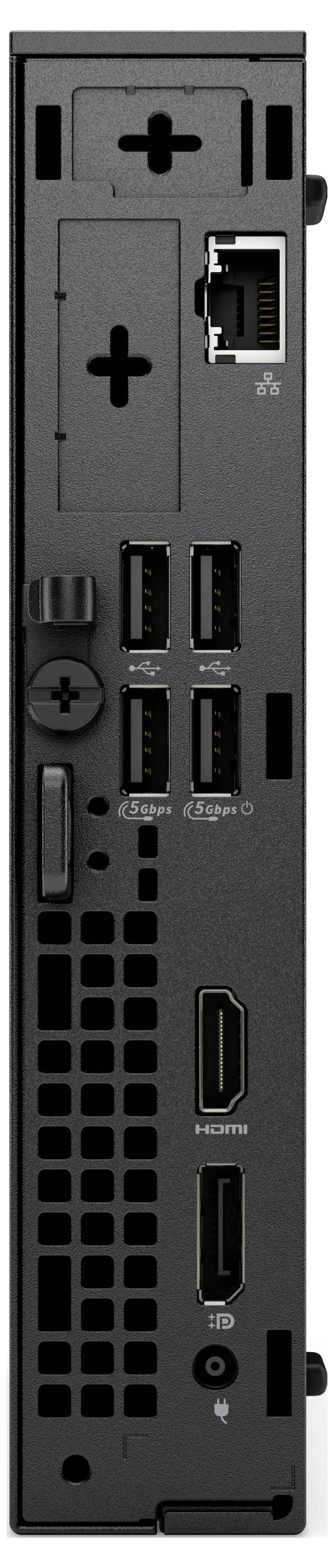 Das Bild zeigt die Rückansicht eines schwarzen elektronischen Geräts, wobei verschiedene Anschlüsse wie USB, Ethernet, HDMI und Stromanschluss hervorgehoben werden.