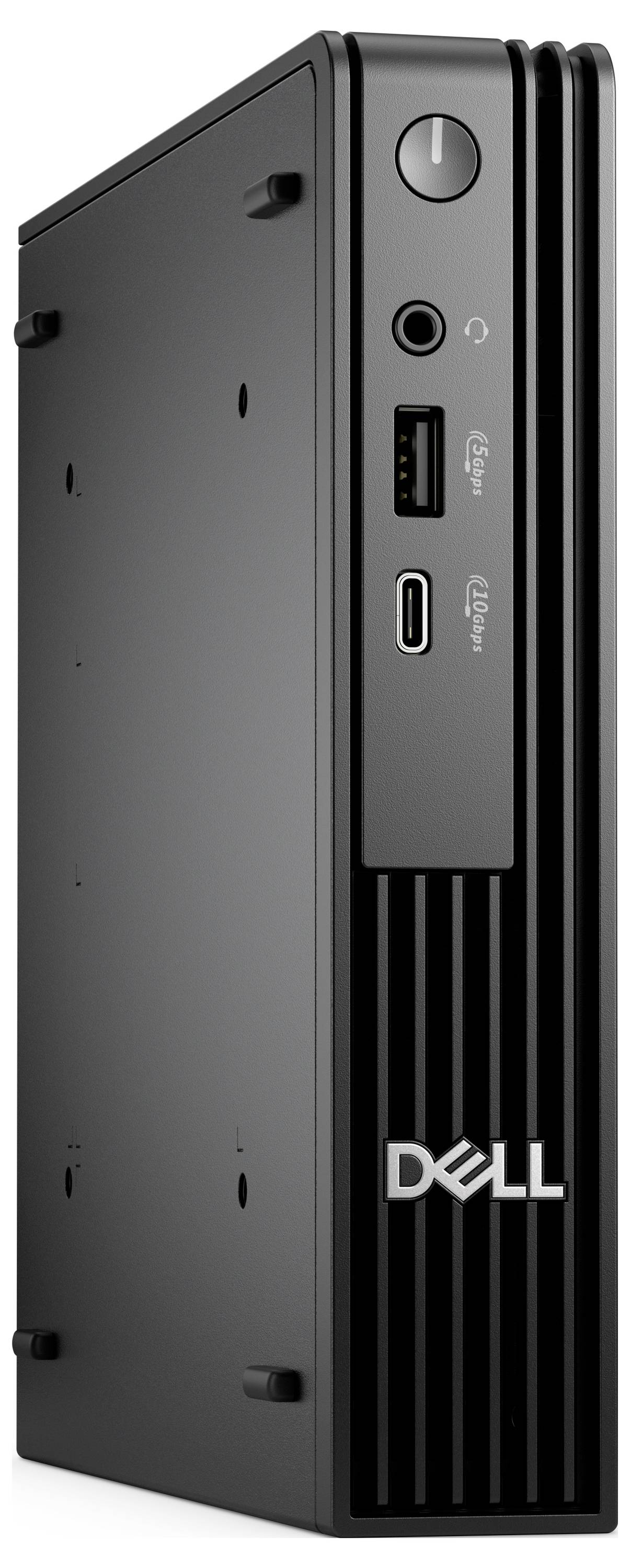 Ein kompakter Dell-Desktop-Computer, von einem leichten Winkel aus gesehen, mit vorderen Anschlüssen und dem Dell-Logo auf einem eleganten schwarzen Gehäuse.