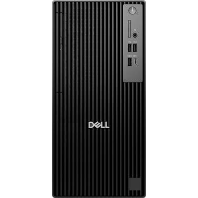 Ein schwarzer Dell-Desktop-Computer-Tower mit vertikalen Rillen, ausgestattet mit einem Einschaltknopf, USB-Anschlüssen und einer Kopfhörerbuchse auf dem vorderen Bedienfeld.