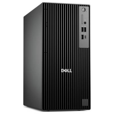 Ein schwarzer Dell-Desktop-Computerturm mit vertikalen Linien auf der Frontplatte, ausgestattet mit mehreren USB-Anschlüssen, Audioports und einem Einschaltknopf.