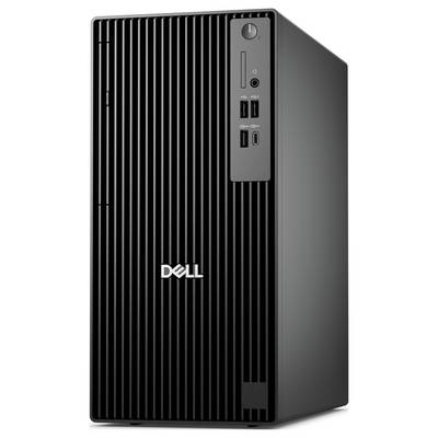 Ein schwarzer Desktop-Computerturm mit vertikalen Linien auf der Frontplatte, ausgestattet mit Einschaltknopf, USB-Anschlüssen und dem Dell-Logo.