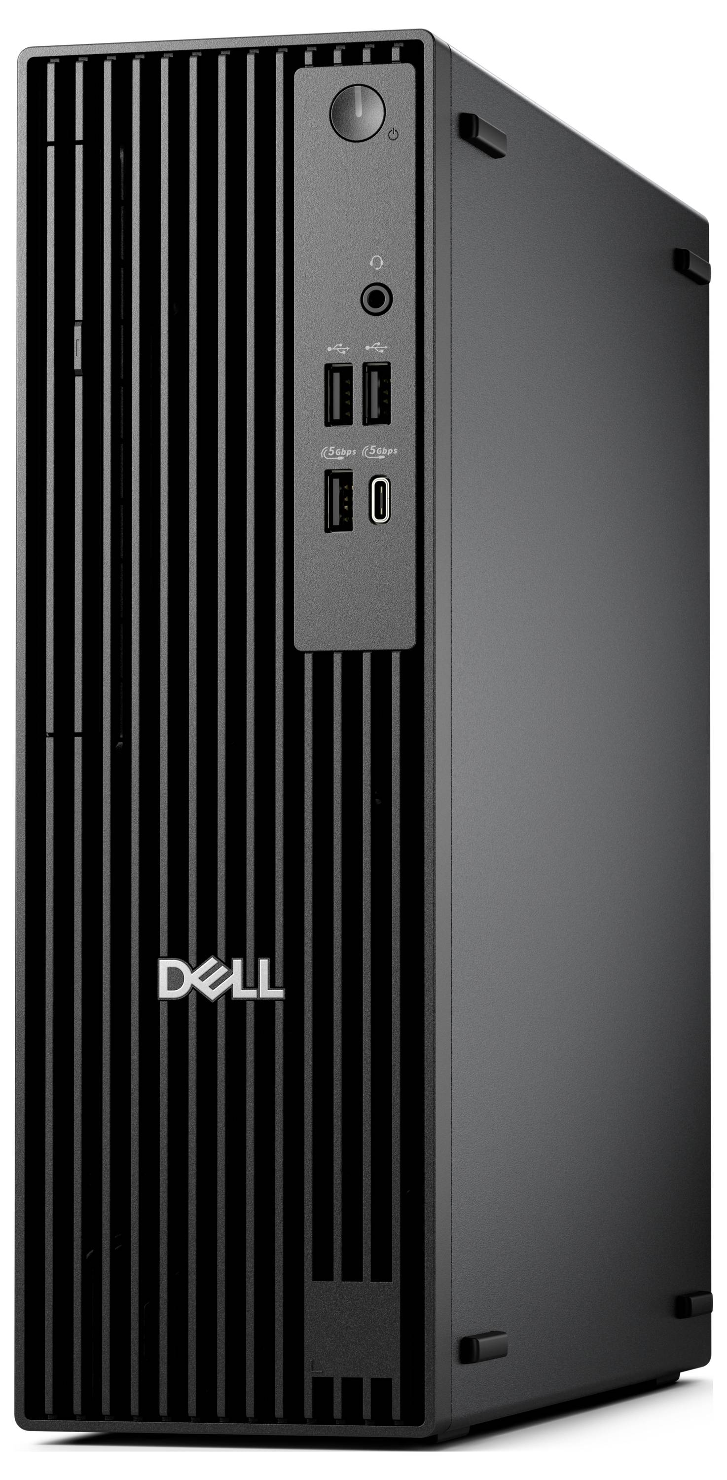 Ein schwarzer Dell-Desktop-Tower mit vertikalen Rillen, ausgestattet mit vorderen Anschlüssen für Audio und USB.