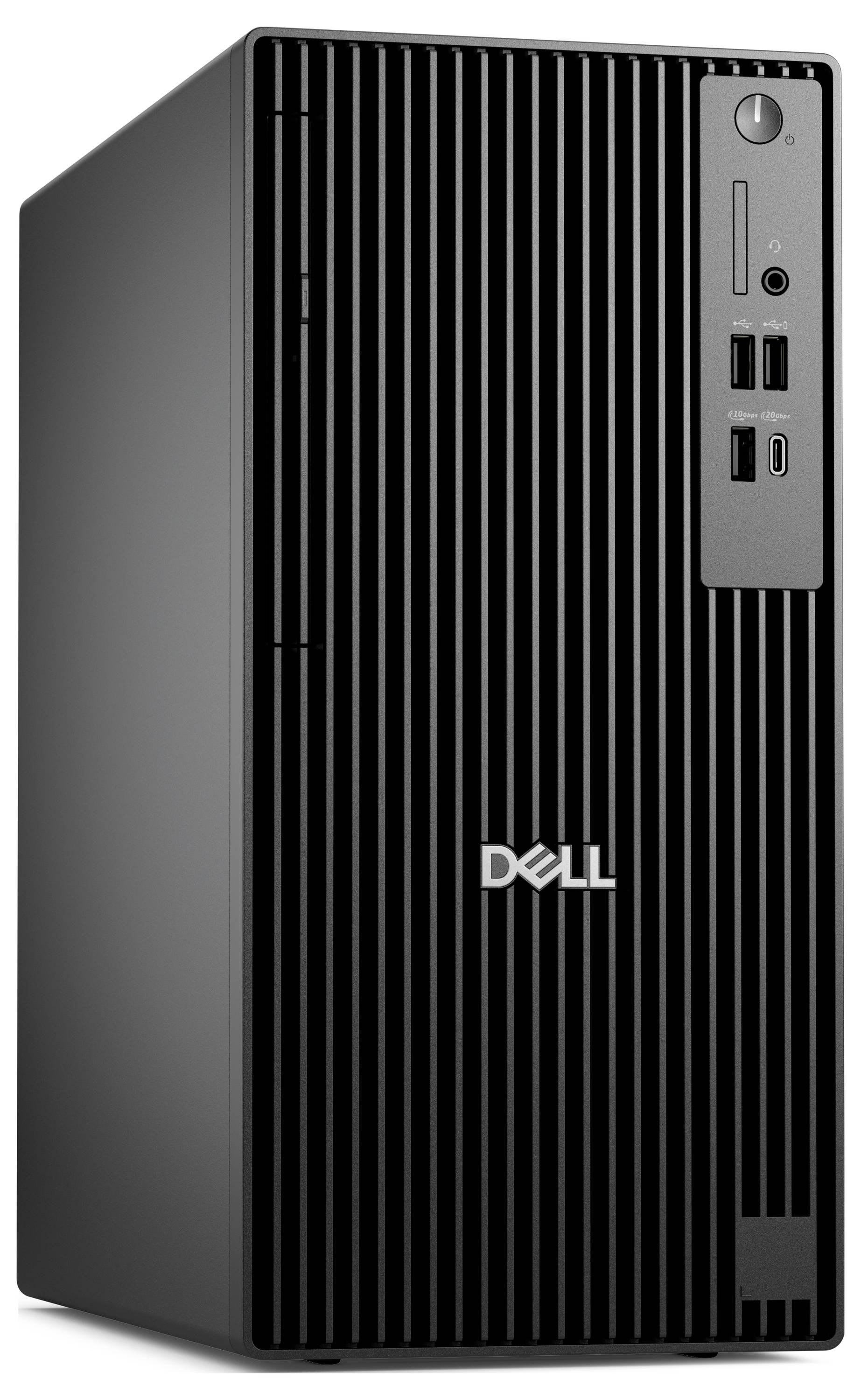 Ein schwarzer Dell-Desktop-Computerturm mit vertikalen Rillen an der Frontplatte, der verschiedene Anschlüsse und das Dell-Logo prominent präsentiert.