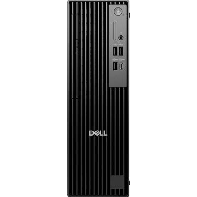Ein schwarzer Dell-Desktop-Computerturm mit vertikalen Rillen, ausgestattet mit mehreren vorderen Anschlüssen und dem Dell-Logo am unteren Rand.