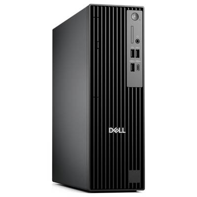 Ein schwarzer Dell-Desktop-Tower mit vertikalen Rillen und mehreren vorderen Anschlüssen für USB und Audioverbindungen.