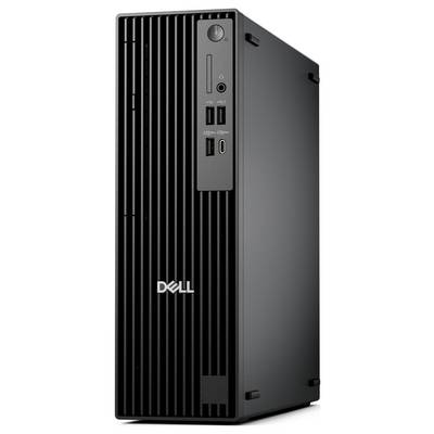 Ein schwarzer Dell-Desktop-Computertower mit vertikalen Lüftungsschlitzen an der Frontplatte, ausgestattet mit mehreren USB-Anschlüssen und Audioports.