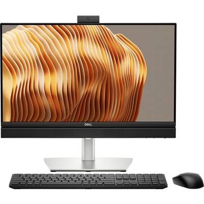 Eine Desktop-Computer-Konfiguration mit einem Dell-Monitor, der ein welliges, orangefarbenes abstraktes Design zeigt, ergänzt durch eine kabellose Tastatur und Maus.