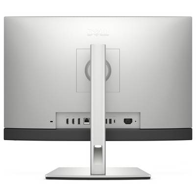 Rückansicht eines Dell-Monitors, die Anschlüsse wie USB, Ethernet und Stromverbindung am Standfuß zeigt.