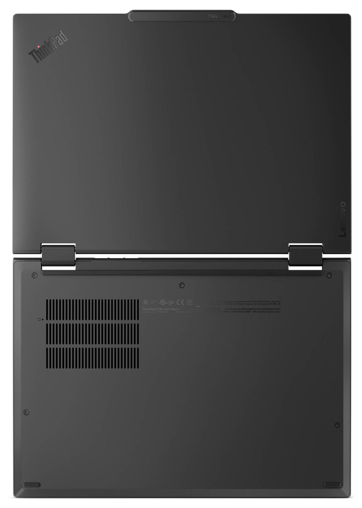 Ein geschlossener schwarzer Laptop, von hinten betrachtet, mit sichtbaren Scharnieren und Belüftungsdetails.