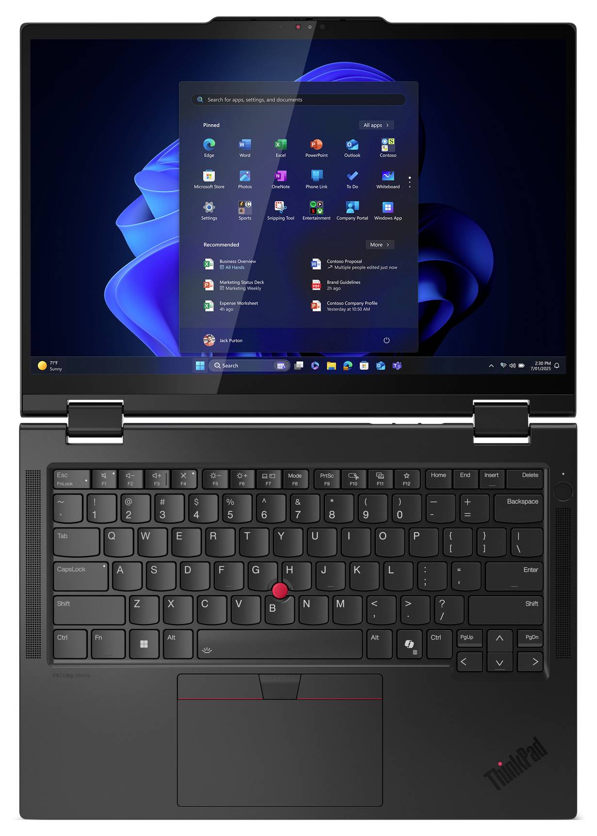 Ein Laptop, der das Windows 11 Startmenü auf seinem Bildschirm zeigt. Die Tastatur verfügt über einen markanten roten Pointing Stick in der Mitte.