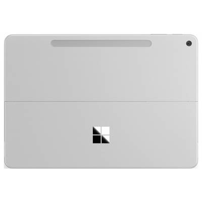 Ein schlankes graues Tablet mit einem kleinen schwarzweißen Logo in der Mitte der Rückseite.