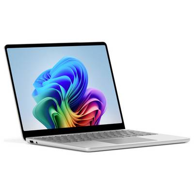 Ein silberner Laptop, der ein buntes abstraktes Bild auf seinem Bildschirm vor einem schlichten Hintergrund zeigt.