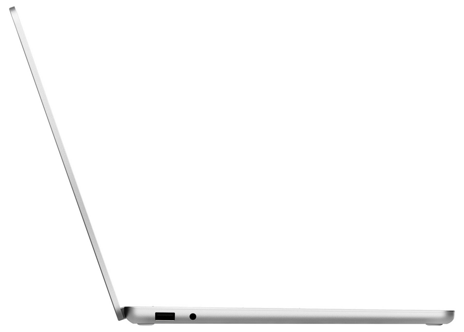 Ein schlanker, offener Laptop, von der Seite betrachtet, der sein elegantes Design und dünnes Profil vor einem schlichten weißen Hintergrund hervorhebt.