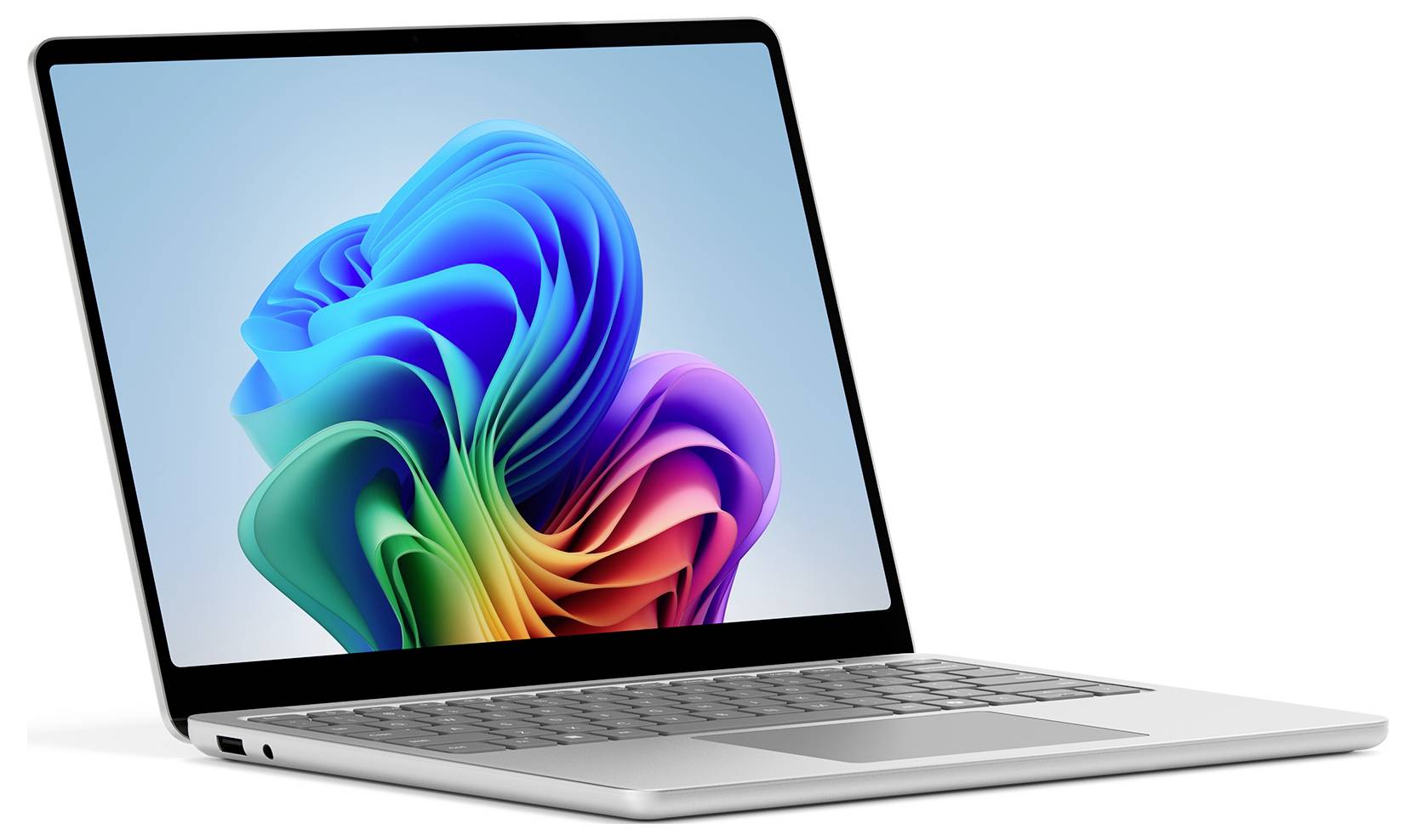 Ein schlankes Laptop, geöffnet mit einem lebendigen, abstrakten Blau- und Grünwirbel-Design auf dem Bildschirm, positioniert auf einer weißen Oberfläche.
