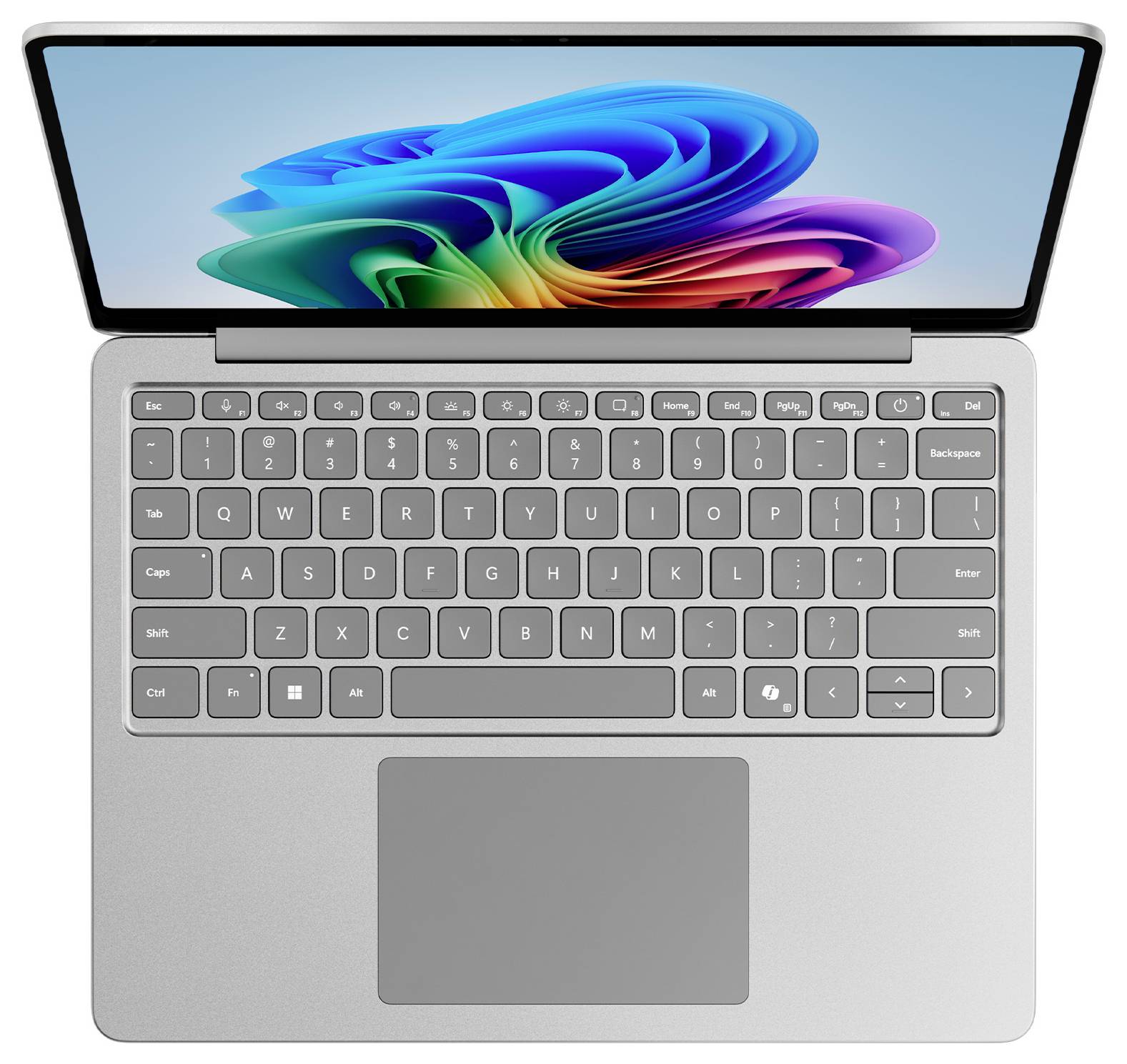 Ein silberner Laptop mit einem leuchtenden, bunten Wirbeldesign auf dem Bildschirm, von oben gezeigt, mit sichtbarer Tastatur und Trackpad.