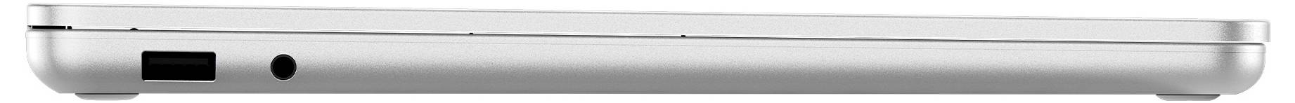 Ein silberner Laptop, von der Seite betrachtet, mit einem USB-Anschluss und einer Audiobuchse an der linken Kante.