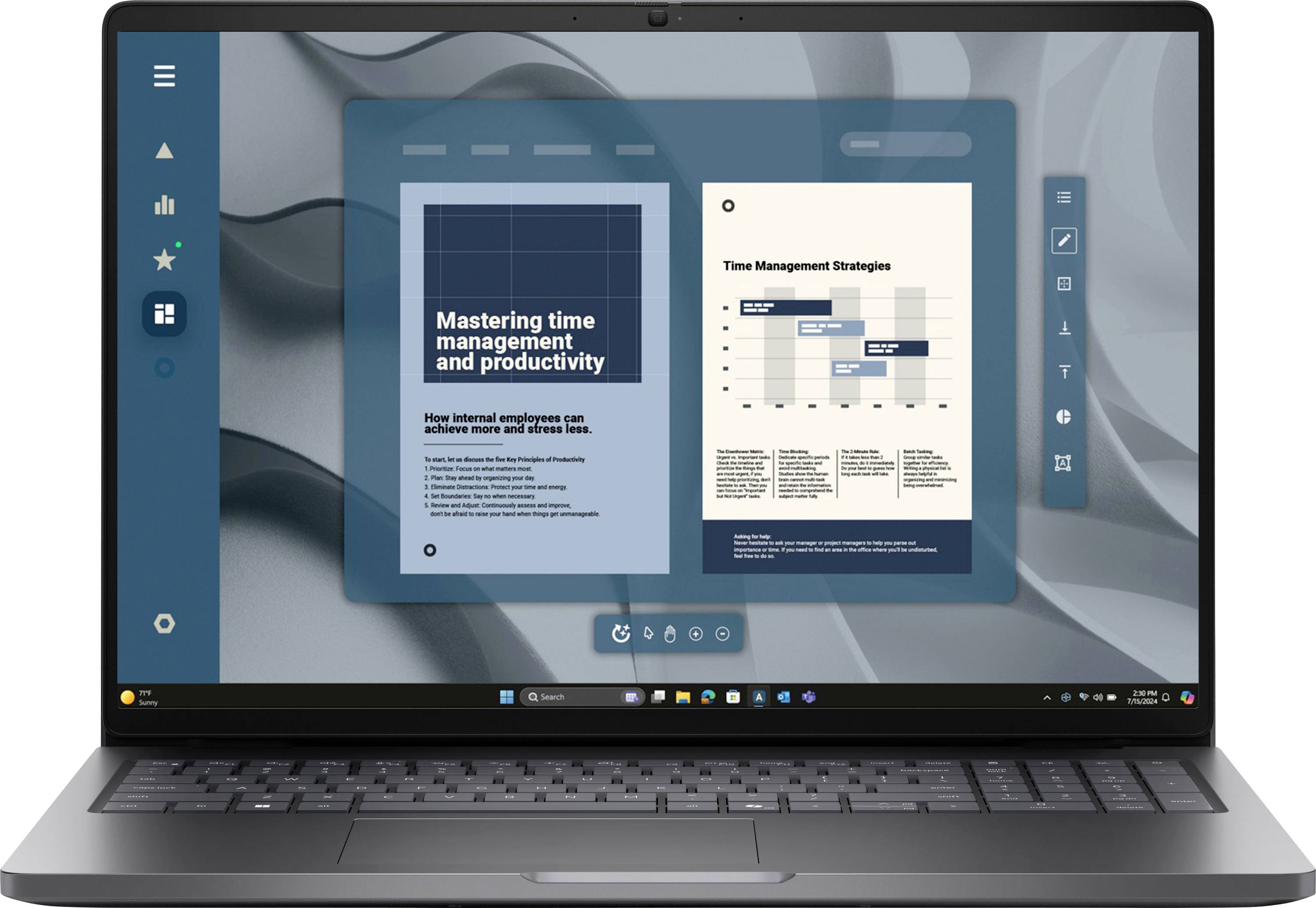 Ein Laptop-Bildschirm zeigt eine Präsentation zum Thema "Zeitmanagement und Produktivität meistern" mit sichtbaren Grafiken, Text und Bearbeitungswerkzeugen.