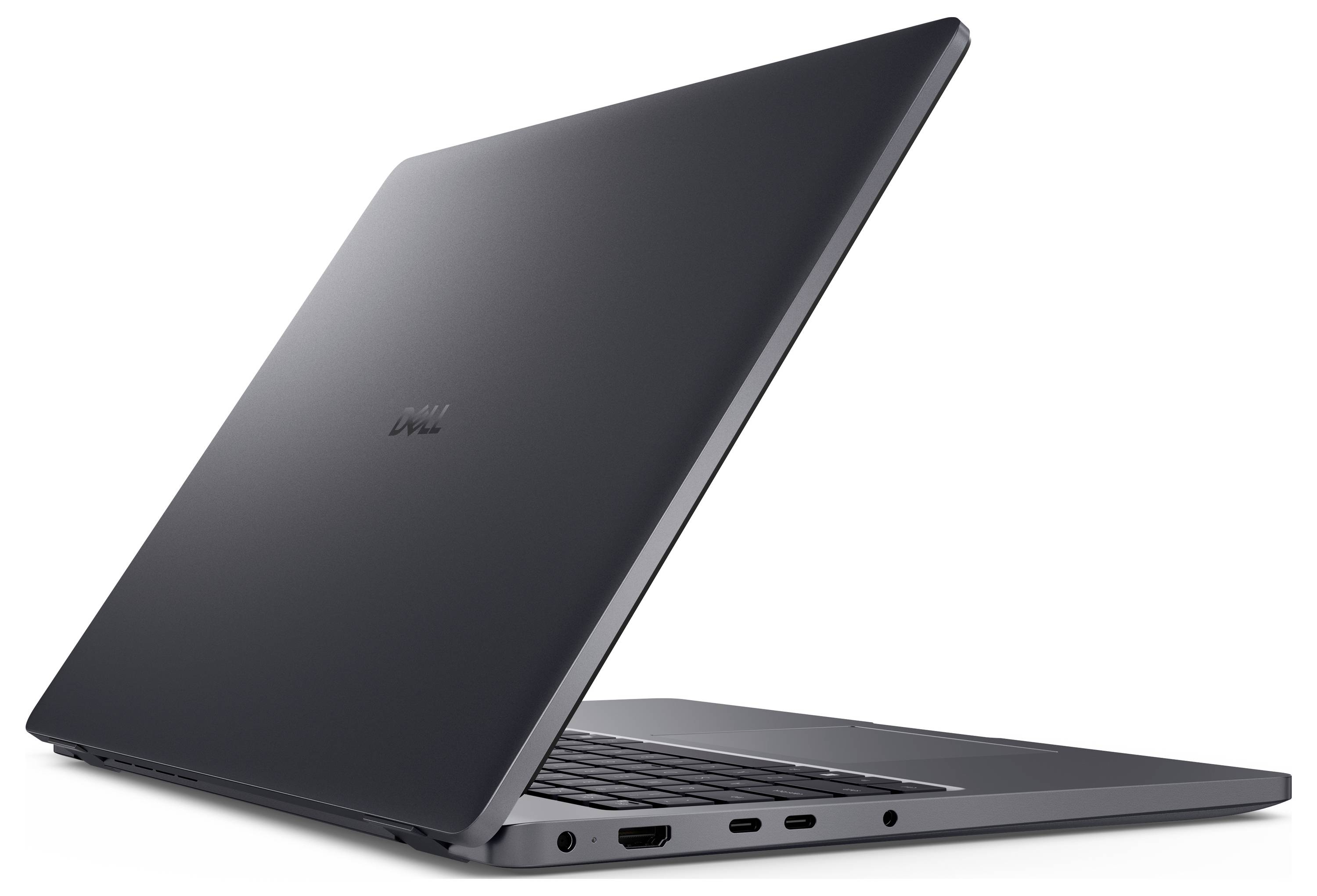 Ein schlankes, geschlossenes, dunkelgraues Laptop, seitlich geneigt, mit Anschlüssen am linken Rand.