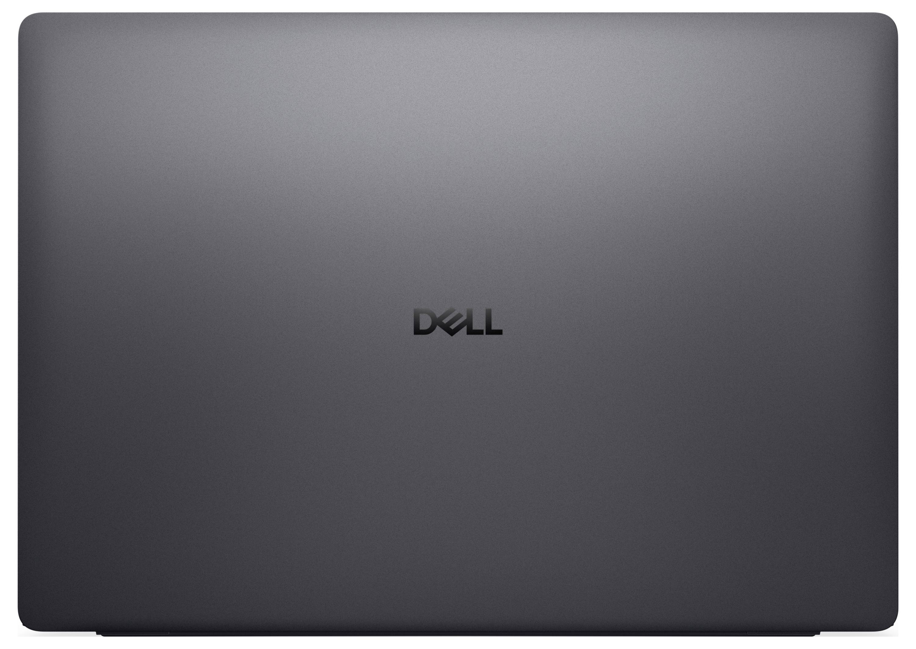 Ein geschlossener Dell-Laptop, von oben betrachtet, mit seiner eleganten, minimalistischen grauen Oberfläche und dem zentrierten Dell-Logo.