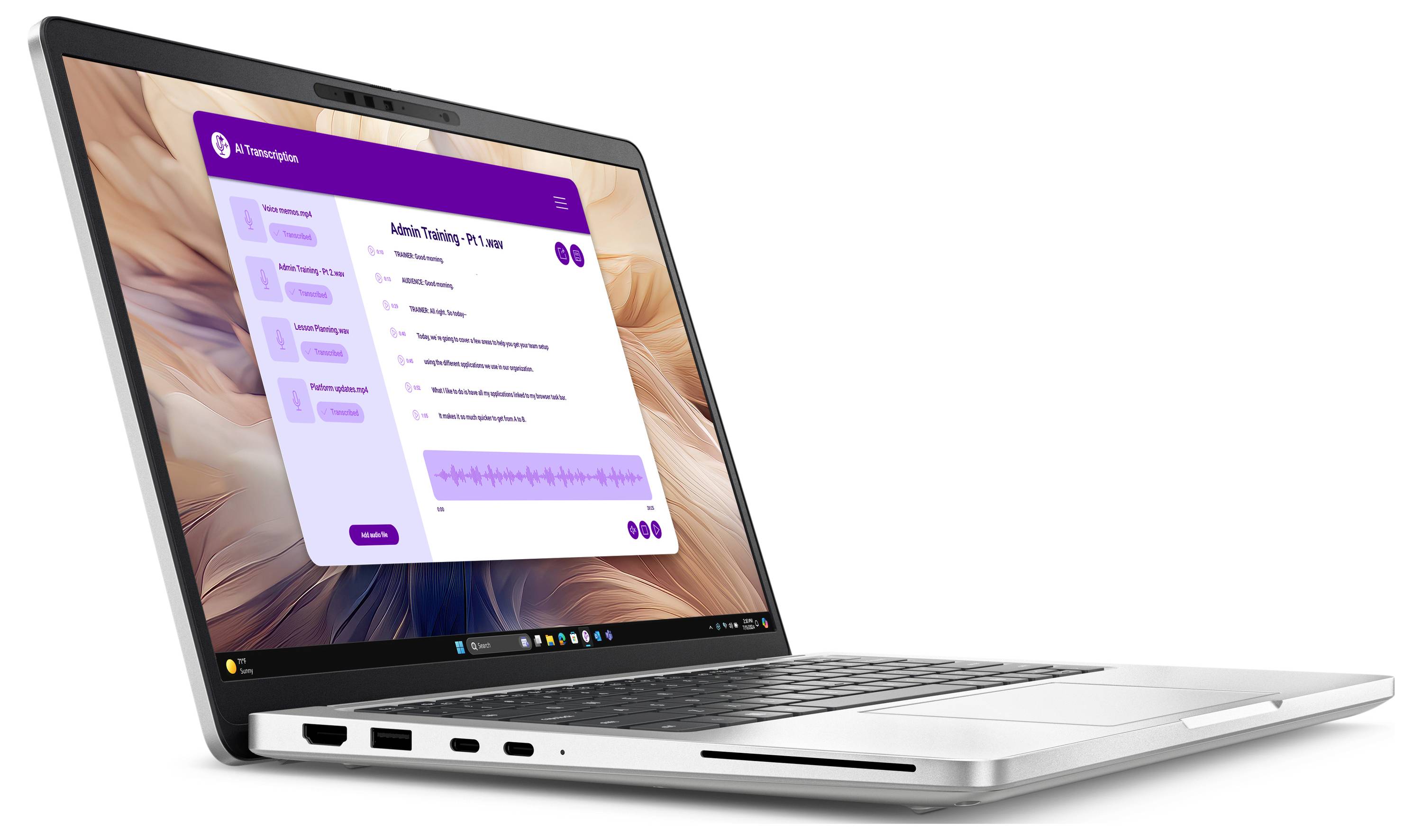 Laptop, der eine Webseite mit einer violetten Benutzeroberfläche und verschiedenen Menüoptionen auf einem Blumenhintergrund anzeigt.