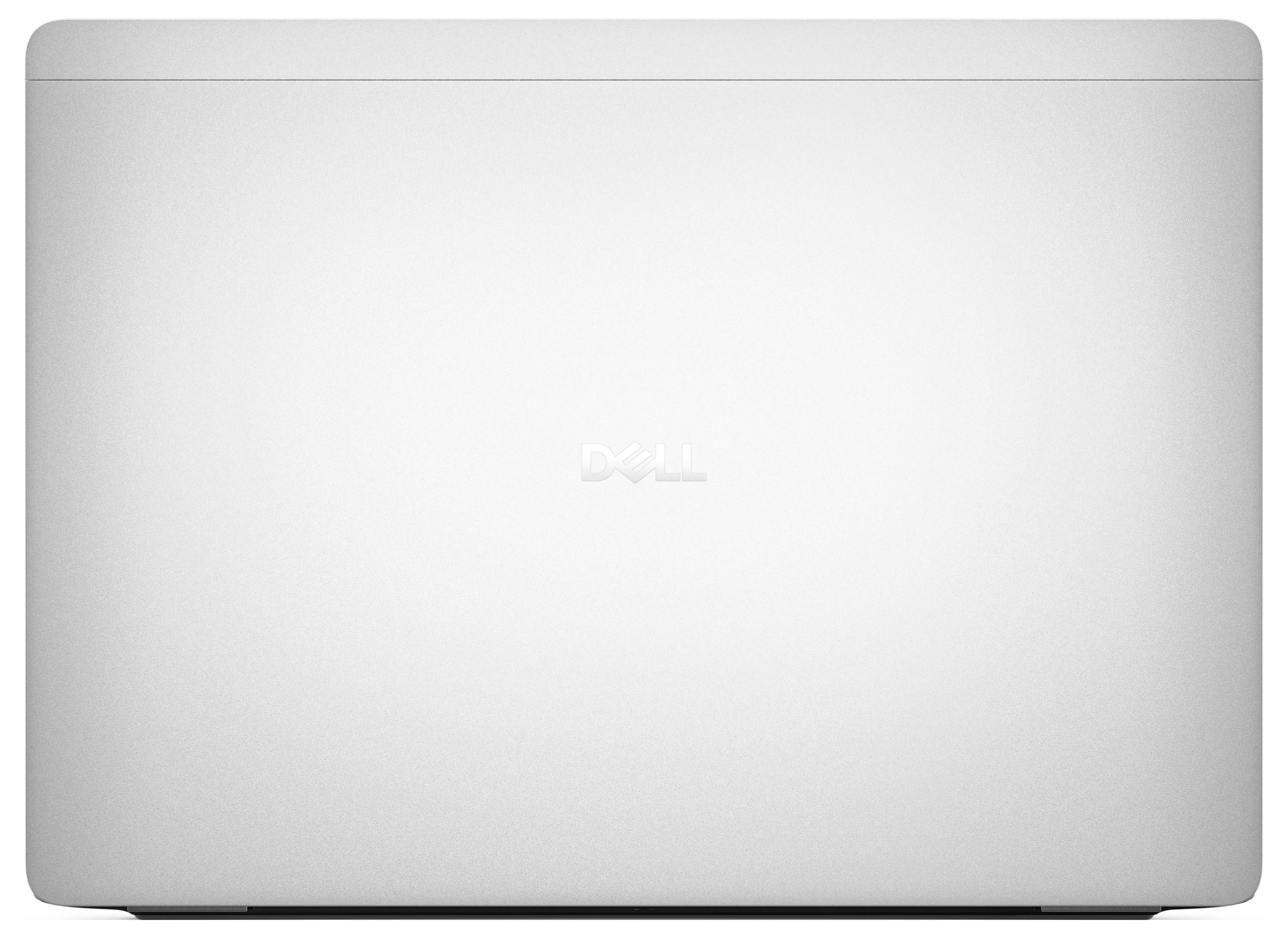 Geschlossener silberner Laptop mit dem Dell-Logo in der Mitte des Deckels.