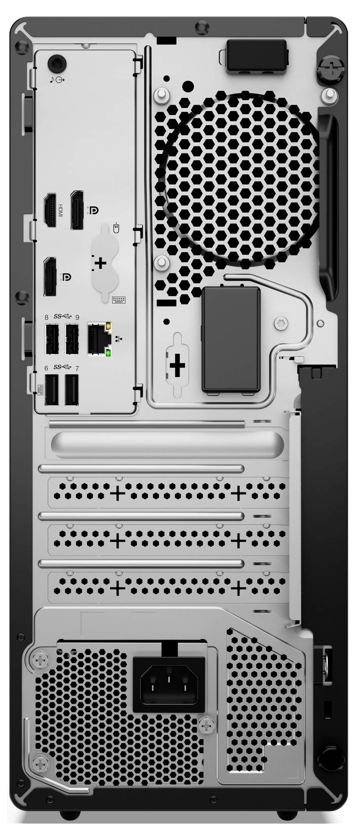 Rückseite eines Desktop-Computers mit mehreren USB-Anschlüssen, HDMI, Ethernet, Audioports, Netzteil und Kühlventilator.