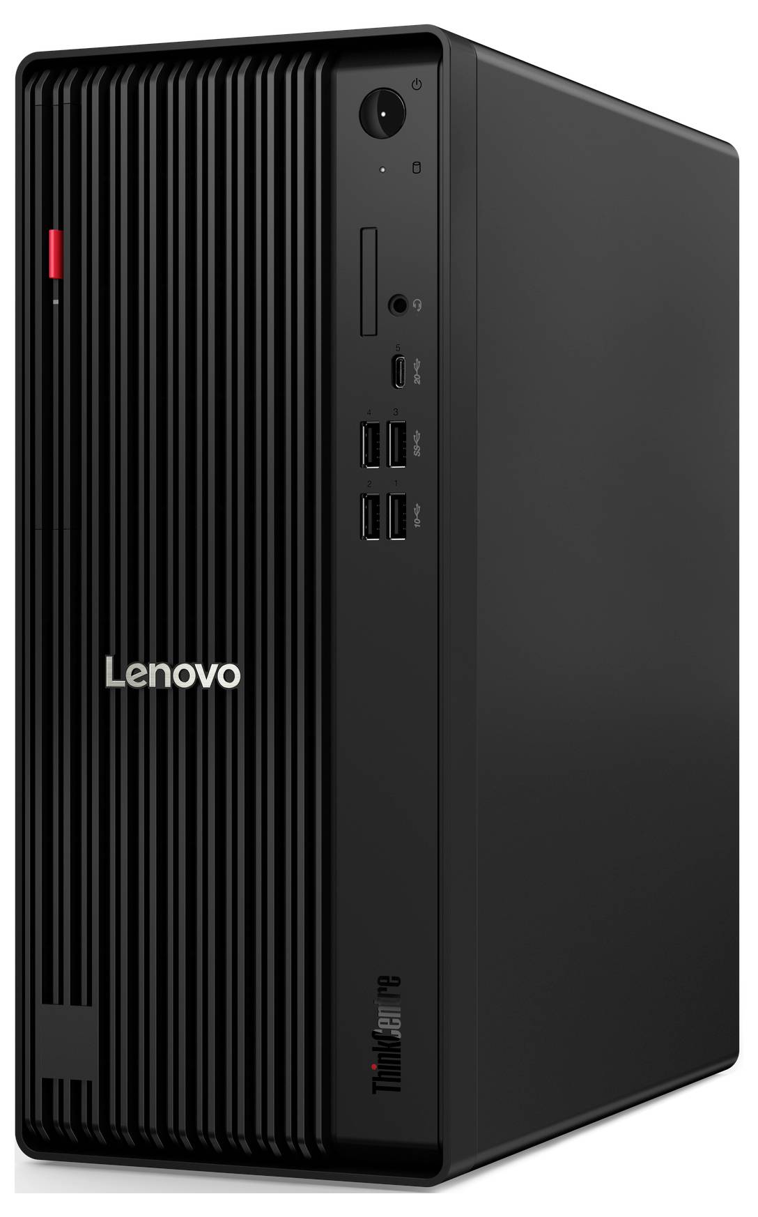 Ein schwarzer Lenovo ThinkCentre Desktop-Tower mit USB-Anschlüssen und einem Einschaltknopf auf der Frontplatte.
