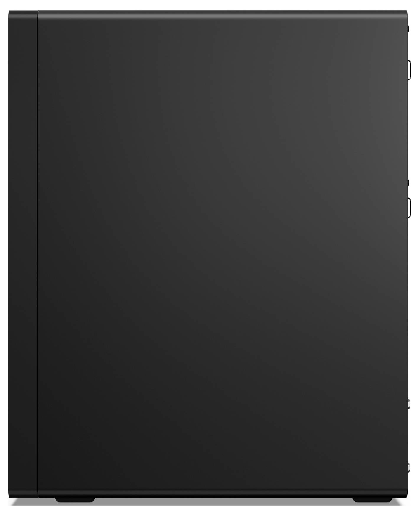 Ein schlanker schwarzer Computer-Tower mit minimalistischem Design, von der Seite betrachtet. Keine sichtbaren Logos oder Markierungen.