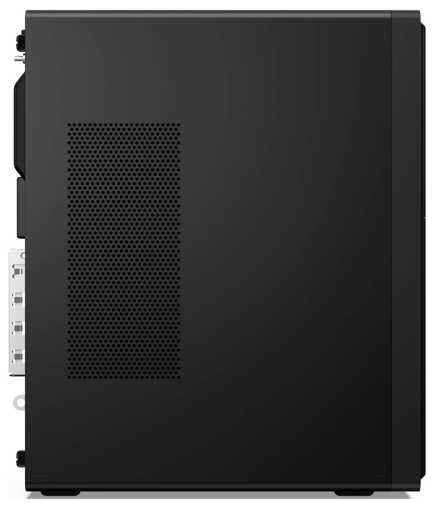 Ein schwarzes Computer-Tower-Gehäuse mit einer seitlichen Belüftungsöffnung.