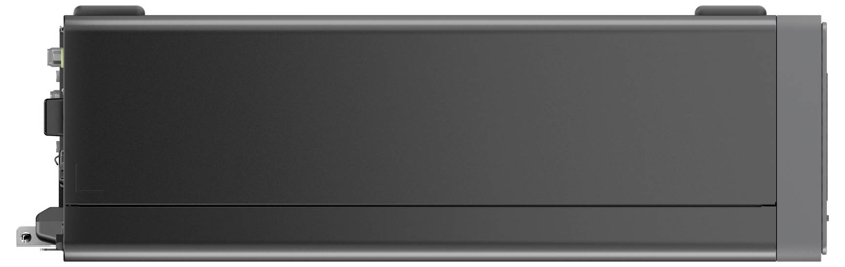 Ein schwarzes rechteckiges elektronisches Gerät, von der Seite betrachtet, mit verschiedenen Anschlüssen und Bedienelementen, möglicherweise ein Audio-Video-Gerät.