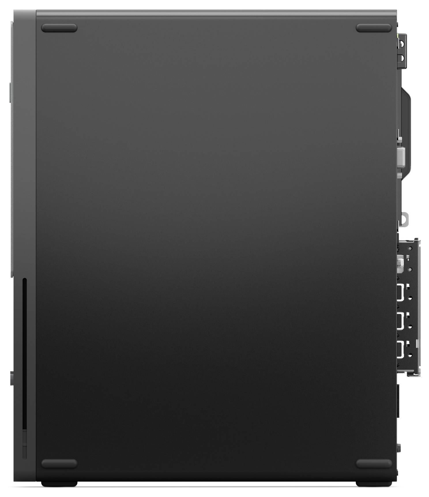 Ein schwarzer Computer-Tower, von der Seite betrachtet, mit einem schlichten, minimalistischen Design; Anschlüsse und das Rückpanel sind sichtbar.