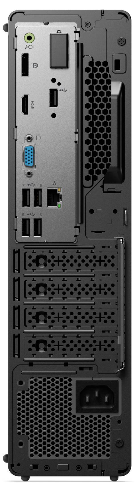 Rückansicht eines Computertowers mit verschiedenen Anschlüssen wie USB, Ethernet, HDMI, VGA und Audioausgängen für Konnektivität und Erweiterungsmöglichkeiten.