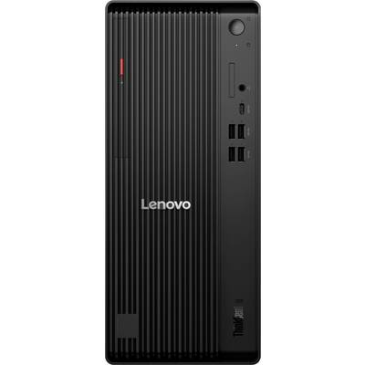 Ein schwarzer Lenovo-Desktop-Tower mit gerippter Frontblende. Er verfügt über mehrere USB-Anschlüsse, einen Kopfhörereingang und ein optisches Laufwerk.