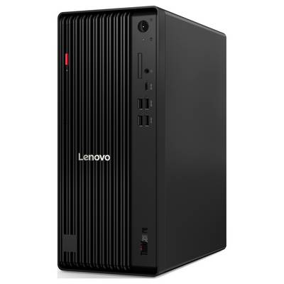 Ein schwarzer Lenovo ThinkCentre Desktop-Computer mit mehreren USB-Anschlüssen und einem Einschaltknopf auf der Vorderseite, der ein schlankes, vertikales Design aufweist.