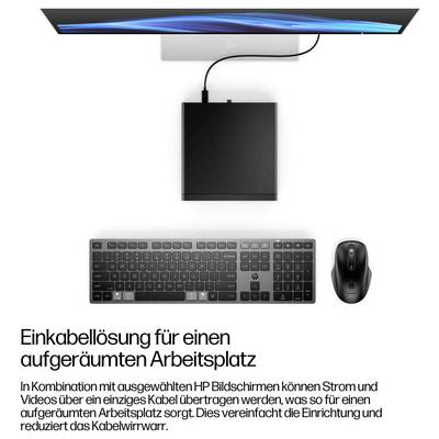 Ein Monitor, eine Dockingstation, eine Tastatur und eine Maus veranschaulichen eine Einzel-Kabel-Lösung für einen aufgeräumten Arbeitsplatz und betonen Einfachheit und Effizienz.