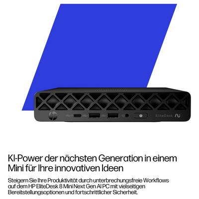 Ein kleiner schwarzer HP EliteDesk Computer auf weißem Hintergrund mit einer blauen geometrischen Form. Text betont KI-Technologie der nächsten Generation für Produktivität.