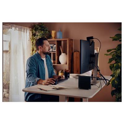 Ein Mann, der an einem Stehschreibtisch mit zwei Monitoren arbeitet, umgeben von Pflanzen und Büchern. Sonnenlicht filtert durch einen Vorhang und schafft eine warme Atmosphäre.