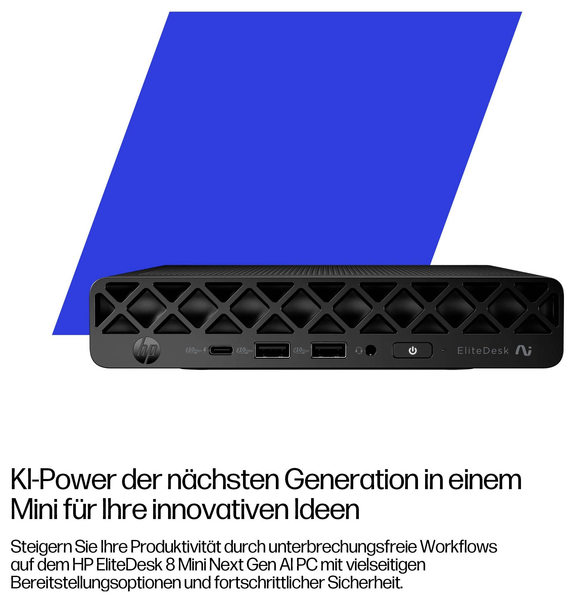 Ein kleiner, schwarzer HP EliteDesk Mini-Desktop-Computer mit USB-Anschlüssen ist zu sehen. Blau-geometrisches Design im Hintergrund; deutscher Text bewirbt Produktivität.