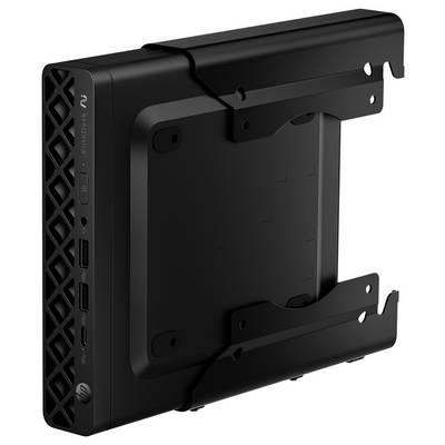 Ein schwarzes elektronisches Gerät, höchstwahrscheinlich ein kompakter Computer oder Server, vertikal montiert mit Anschlüssen an der Seite, einschließlich USB- und HDMI-Verbindungen.