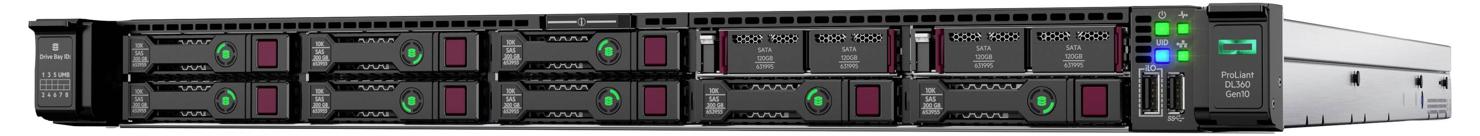 Ein schwarzer Netzwerkserver mit mehreren Festplattenschächten an der Vorderseite, ausgestattet mit grünen und roten Anzeigenlichtern, der auf einem Rack platziert ist.